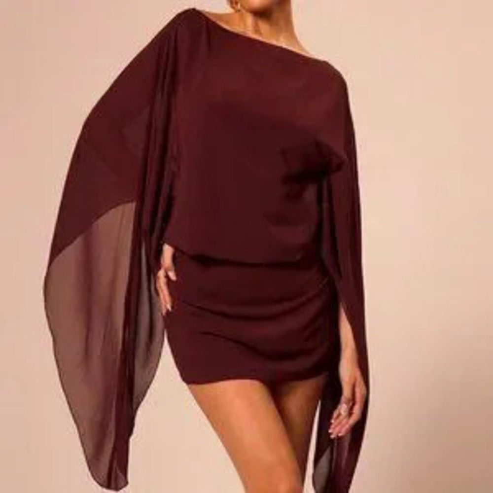 rich brown Party Women's Boat Neck Draped Sleeve Slouch Mini Dress